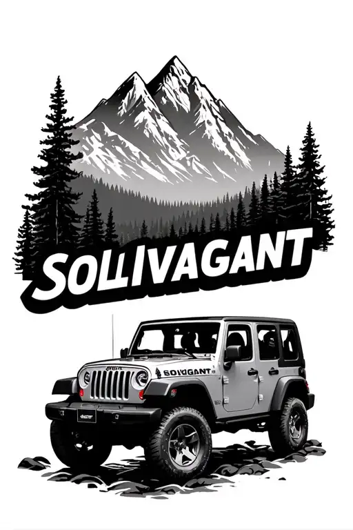 "Solivagant" "Solivagant" "Solivagant" topless jeep wrangler in wilderness creek and mountains joined together tattoo design idea