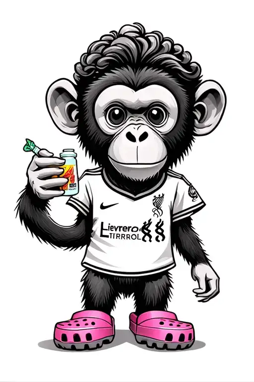 A cute monkey with curley dark hair on top of the head, wearing a liverpool jersey and pink crocs. Holding a joint in th tattoo design idea