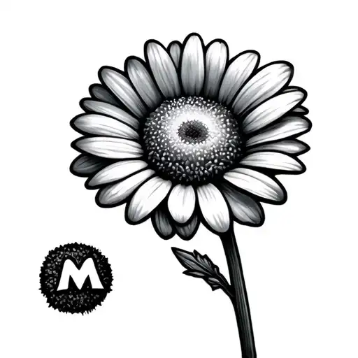 a small daisy with a cursive m in the stem  tattoo design idea
