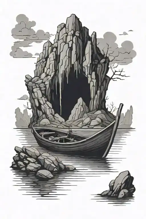 rowboat at the entrance to a dark and sinister cave tattoo design idea