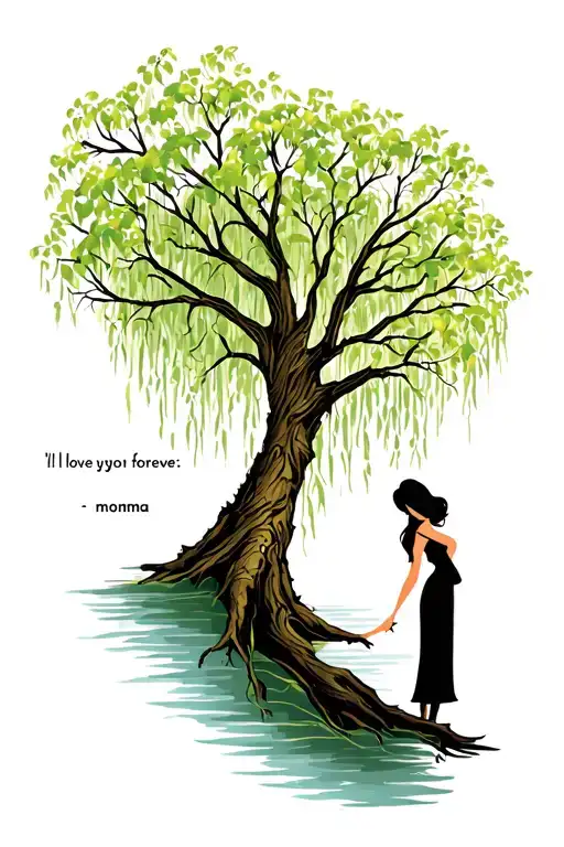 "i'll love you forever - momma" make a weeping willow tree with long leaves with a mother and daughter body outline as the trunk tattoo design idea