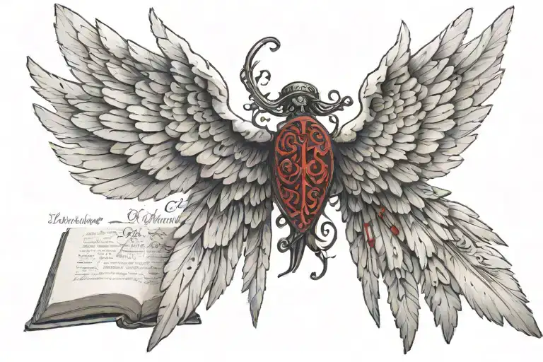 I want moderately detailed angelic wings with  bible verse fully written out on it with the red and black li tattoo design idea