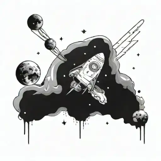 Galactic pharmacy: A futuristic space capsule surrounded by swirling galaxies and stars tattoo design idea