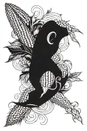 large ear of corn with husks, chefs knife, spicy peppers, some water, and evergreen tree and some line work connecting  tattoo design idea