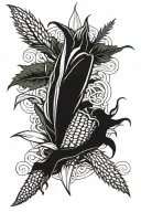 large ear of corn with husks, chefs knife, spicy peppers, some water, and evergreen tree and some line work connecting  tattoo design idea