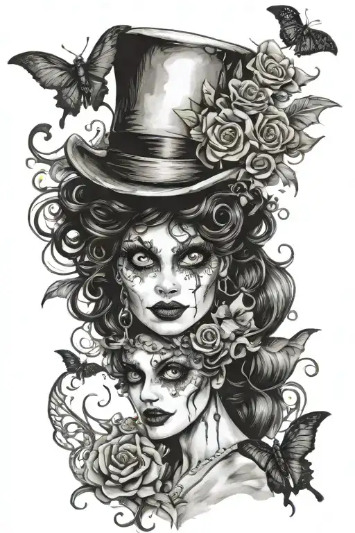 Emily Corpse bride mad hatter bats flying tattoo design idea