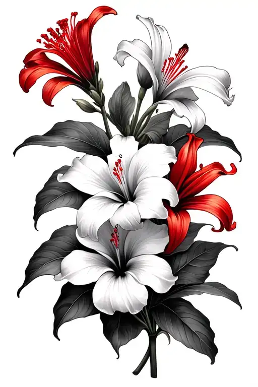 sampaguita flower, hibiscus flower, white lily flower and red spider lily flower tattoo design idea