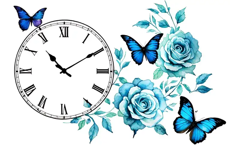 Clock roses butterflies tattoo design idea