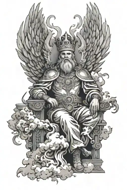 king of kings sitting on throne of cloud and fire surrounded by flying angels in half sleeve tattoo design idea