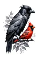 black and grey hyper-realistic style tattoo of a raven and a cardinal tattoo design idea