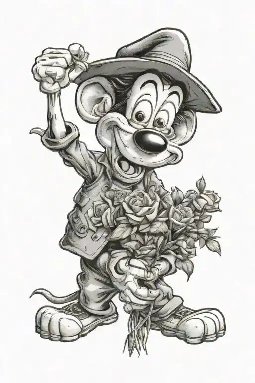 Goofy with bouquet flowers blooming tattoo design idea