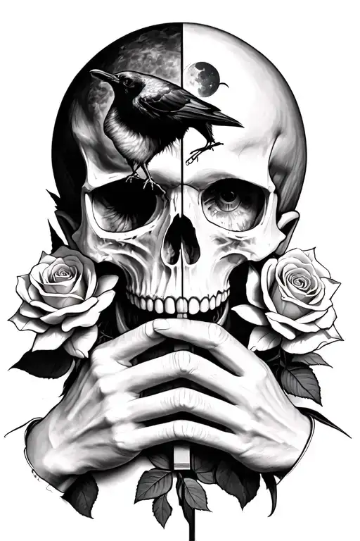 half person and half skull holding hands with cross and rose in the skull mouth with a crow and moon in person pupil  tattoo design idea