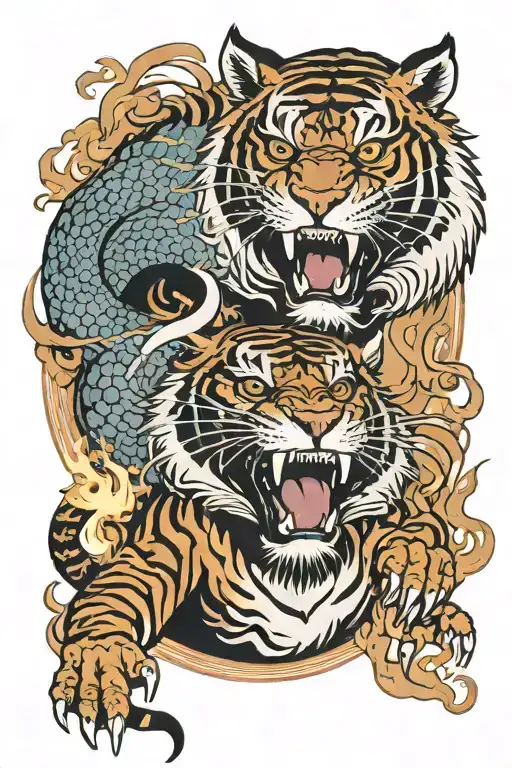 aggressive japanese tiger face smoking cigar with Chinese dragon on flames in background  tattoo design idea