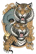 aggressive japanese tiger face smoking cigar with Chinese dragon on flames in background  tattoo design idea