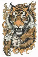 aggressive japanese tiger face smoking cigar with Chinese dragon on flames in background  tattoo design idea