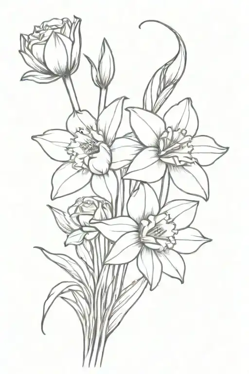 daffodil, rose and bluebells with nanny as stem bouquet tattoo design idea