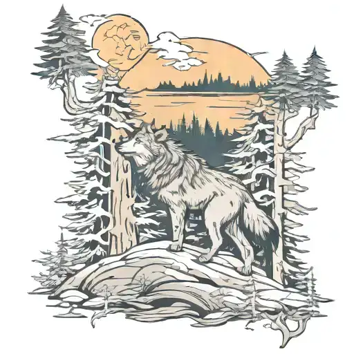 forest with wolf howling wolf under a crescent tattoo design idea
