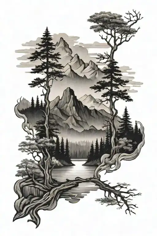 mountains with tress a river and a cross tattoo design idea