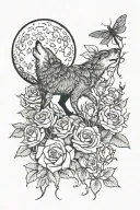 wolf, dragonfly, moon, forest, roses growing tattoo design idea