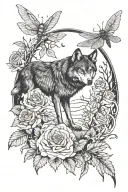 wolf, dragonfly, moon, forest, roses growing tattoo design idea