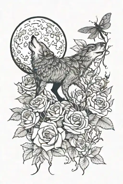 wolf, dragonfly, moon, forest, roses growing tattoo design idea