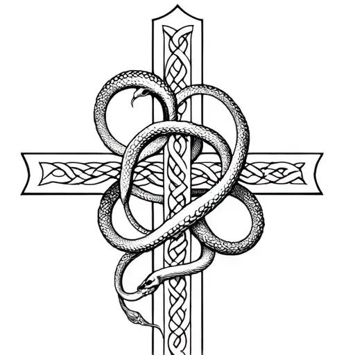 2 snakes wrapped around a celtic cross, 1 snake is normal and the other one is a skeleton tattoo design idea
