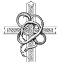 2 snakes wrapped around a celtic cross, 1 snake is normal and the other one is a skeleton tattoo design idea