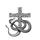 2 snakes wrapped around a celtic cross, 1 snake is normal and the other one is a skeleton tattoo design idea
