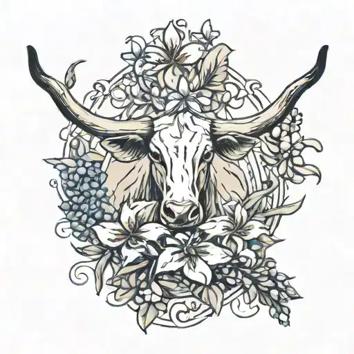 Texas longhorns and bluebonnets intertwined with the Bible verse 'He said to her, “Daughter, your faith has healed you. Go in peace and be freed from your suffering.” Mark 5:34' in a feminine font tattoo design idea