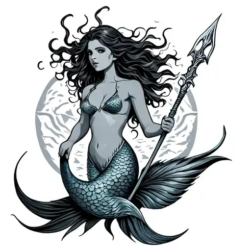 Mermaid siren holding a spear tattoo design idea
