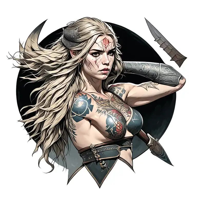 viking warrior with tattoos and scars that shows she's still fighting that she's not broken tattoo design idea