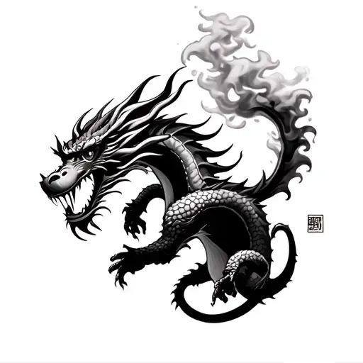 i'm japanese style, dragon made of smoke playing with monkey made of smoke tattoo design idea