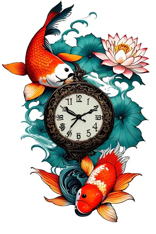 koi fish with lotus flowers a clock tattoo design idea
