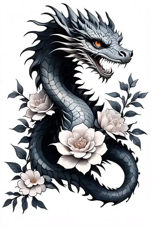 feminine dragon with flowers wrapped fine line tattoo tattoo design idea
