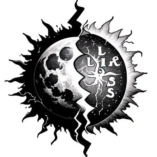 A moon and a sun divided by a crackling lightning bolt, with the letters L L L S S integrated into the scene tattoo design idea