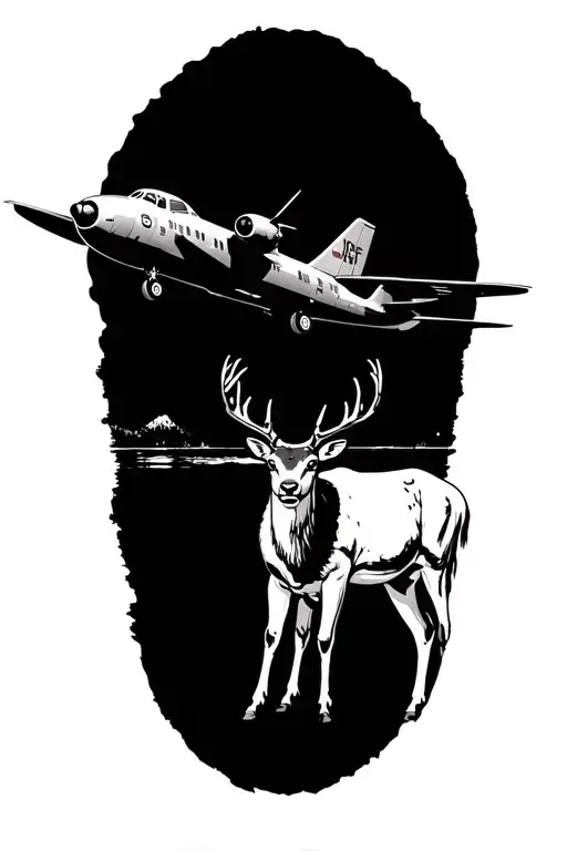 Raaf aircraft flying over a Australian lake, sambar deer in foreground tattoo design idea