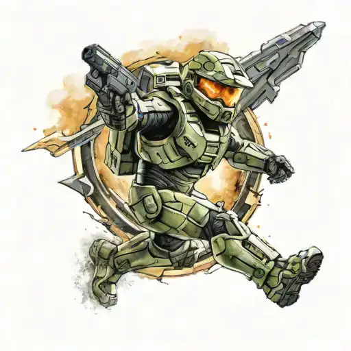 a tattoo of master chief from Halo free falling through the air with an energy sword tattoo design idea