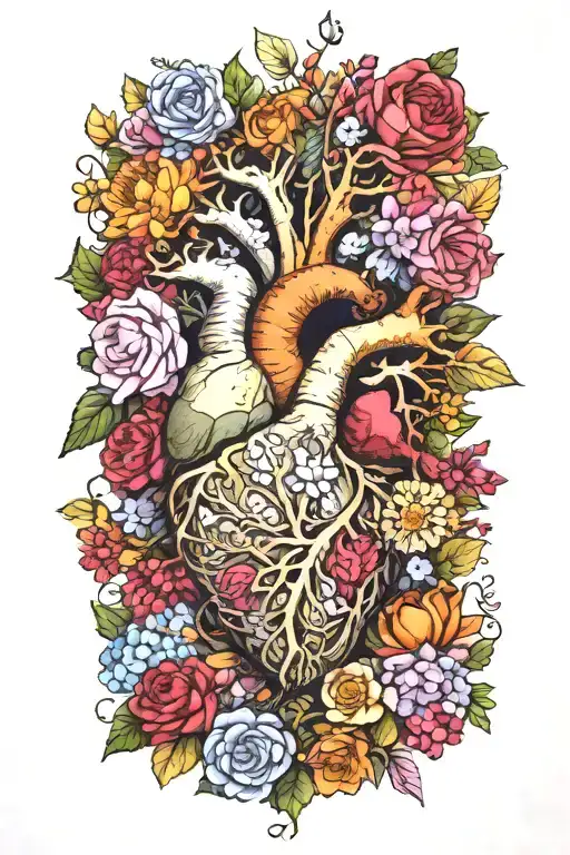 birth flower bouquet with May, August, October, November, February flowers connected  tree branches and anatomical heart tattoo design idea