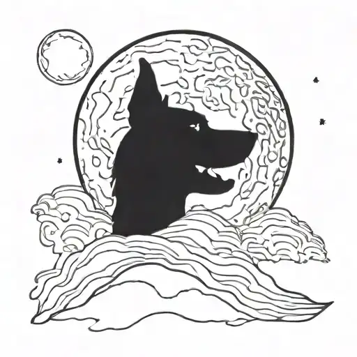 Blackout silhouette of a dog and the moon tattoo design idea