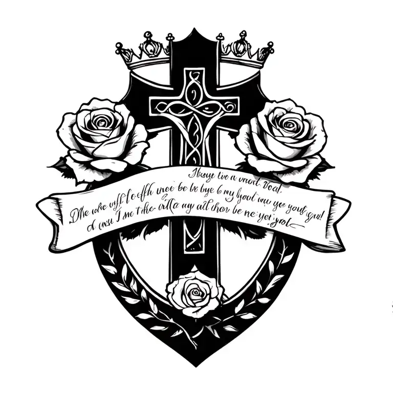 A tattoo of a cross on the bicep, a Bible verse is underneath the cross, with two roses right above the verse two crowns tattoo design idea