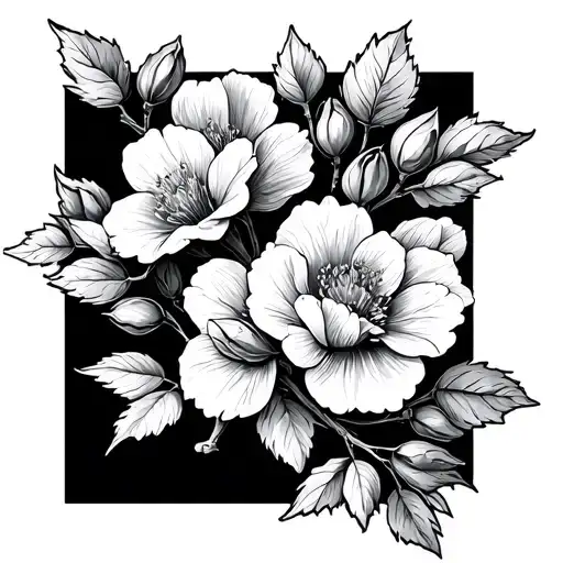 Create a fineline tattoo motif with a Krischblütten branch bearing buds and flowers.Please use a square frame that is p tattoo design idea