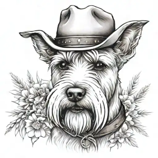 wheaten schnauzer with cowgirl hat and brown eyes and a collar with flowers looking to the side with western background tattoo design idea