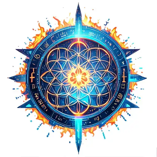 flower of life inside of zodiac wheel with fire, water, earth, air, aether and tibetan endless knot tattoo design idea