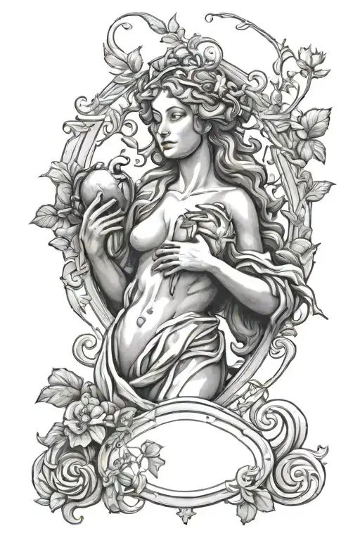 renaissance art style Aphrodite holding human heart surrounded by Greek columns wrapped in vines tattoo design idea