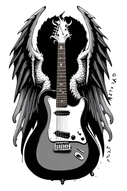 guitar and dragon wings tattoo design idea