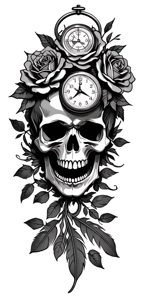 skull, roses, compass, pocket watch, 3 dates for children, feather tattoo design idea