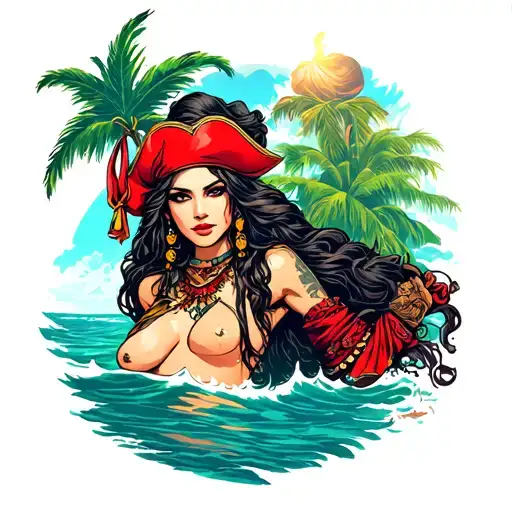 Sexy Pirate woman full sleeve color island style tattoo design idea