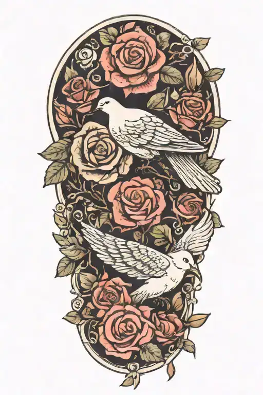 wreath of roses and a seated dove tattoo design idea