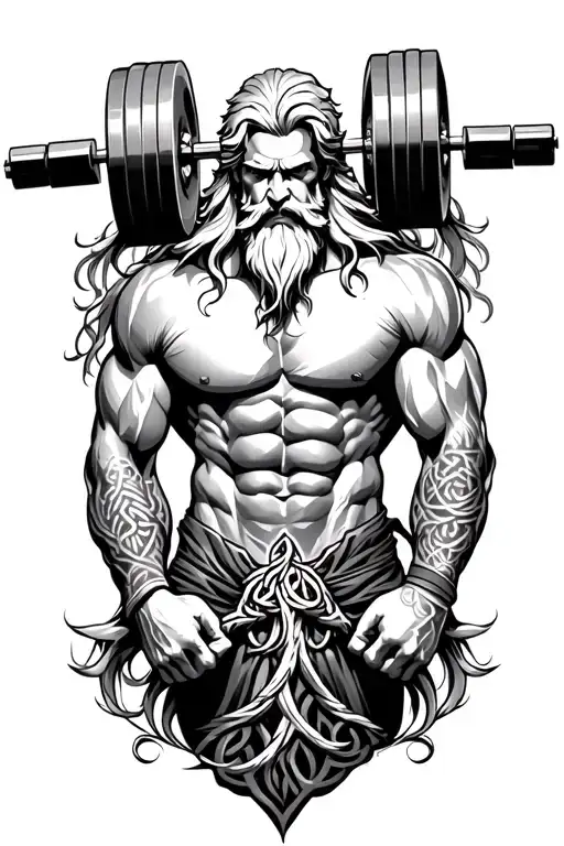 Super muscled Atlas Greek God with long silver hair and beard and celtic tattoos lifting weights with tree tattoo design idea
