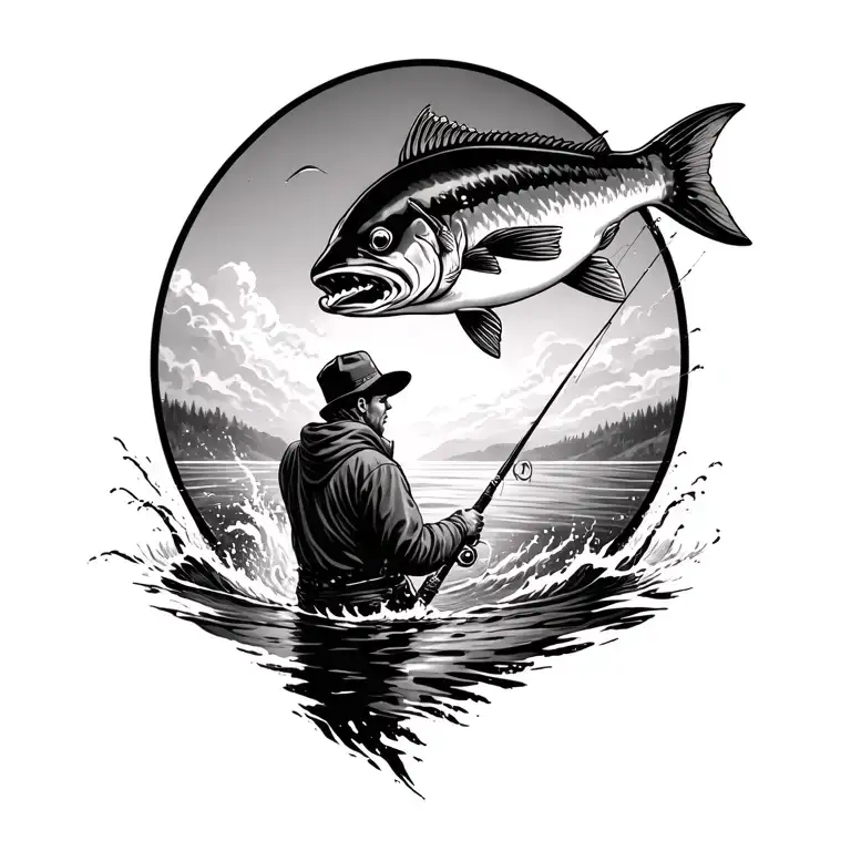 detailed black and gray scene of a person fishing, with a large fish leaping out of the water  the water in the back  tattoo design idea